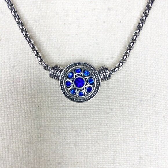 Silver Necklace Blue Crystal Round Decorative Pendant 18” Adjusts - Picture 2 of 4